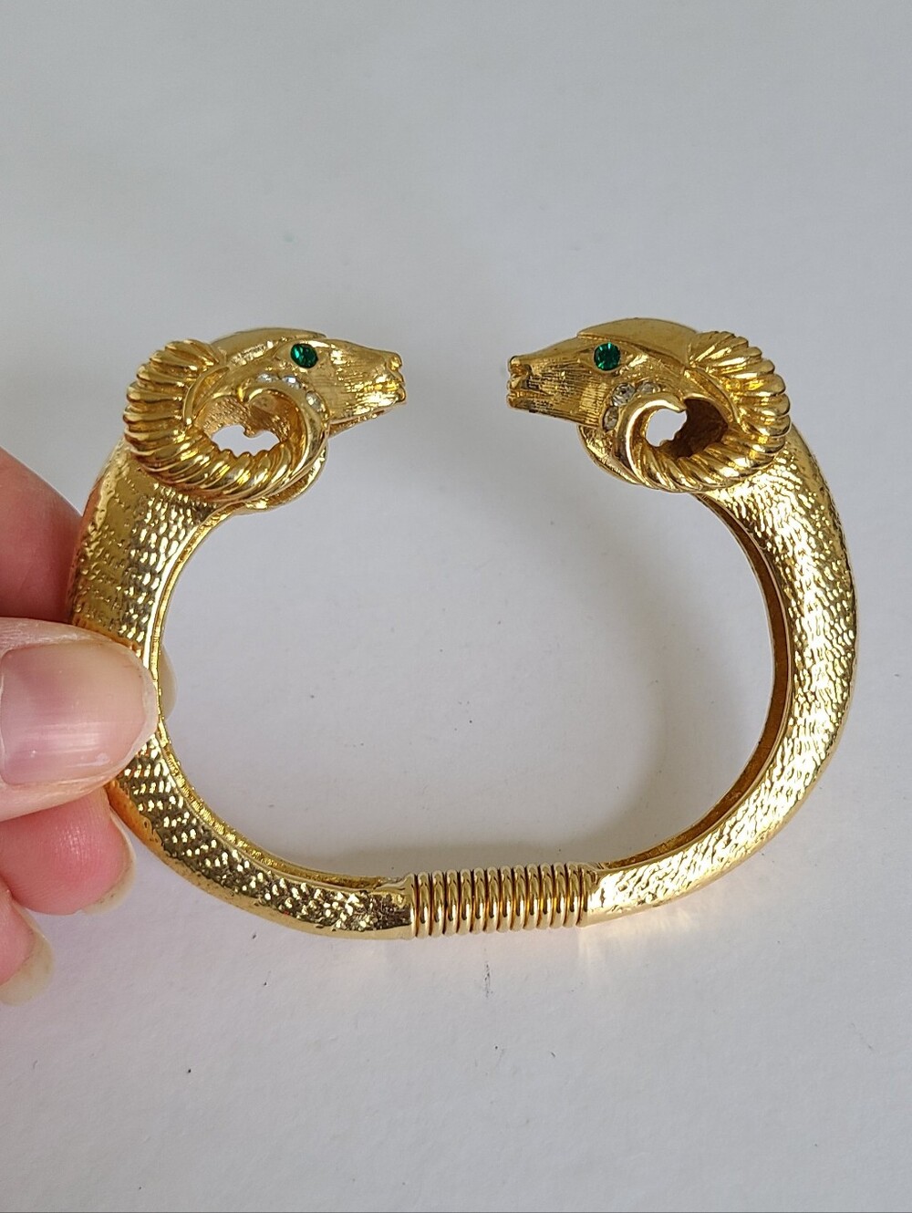 Vintage Kenneth Jay Lane KJL Designer Gold Tone Ram's Head Hinged Cuff Bracelet